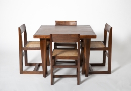 Pierre Jeanneret's square table shown with set of 4 Jeanneret chairs