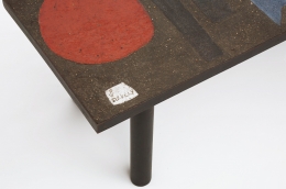 Pierre and Vera Székely's ceramic coffee table, detailed view of signature on corner