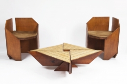 Hervé Baley's coffee table installation view with pair of Baley chairs