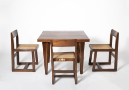 Pierre Jeanneret's square table shown with set of 4 Jeanneret chairs