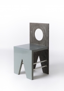Laura Johnson Drake's metal and wood chair, full diagonal view