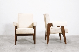 Le Corbusier, Pierre Jeanneret & Jeet Lal Malhotra's "Advocate and Press" armchairs, front and side views