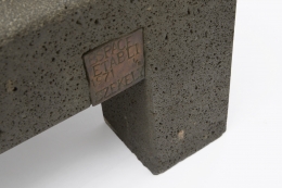 Pierre Székely's "Espace établi" sculpture, detailed view of metal plate with title, date and name