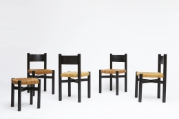 Charlotte Perriand's set of 4 "Meribel" chairs, view of all 4 chairs with one Perriand stool
