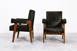 Le Corbusier, Pierre Jeanneret & Jeet Lal Malhotra's "Advocate and Press" pair of armchairs, side and front views