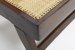 Pierre Jeannerets three-seat sofa detailed view of teak frame and caning