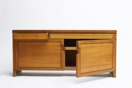 Pierre Chapo's "R08" sideboard straight view with left door open and right drawer open