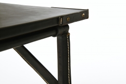 Jacques Adnet's table, detailed view of corner showing leather