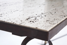Jean Royère's "Ruban" coffee table, detailed view of table top and iron frame