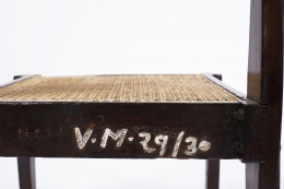 Pierre Jeanneret's pair of demountable chairs detailed view of marking on back of chair