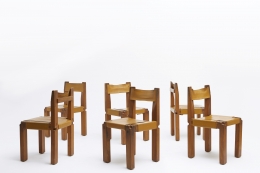 Pierre Chapo set of six "S11B" chairs straight view of all chairs